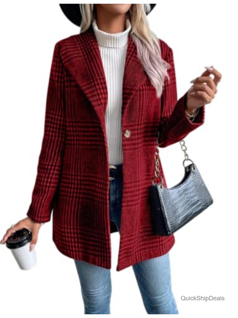Wool Plaid Blazer Long Sleeve Notch Lapel One Button Peacoat Work Office Trench